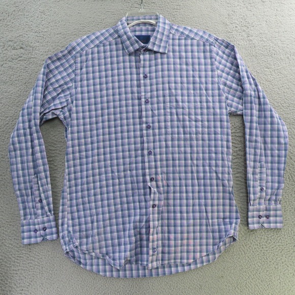 David Donahue Shirt Men Large Purple Gray Plaid Button Up Long Sleeve - Picture 1 of 9